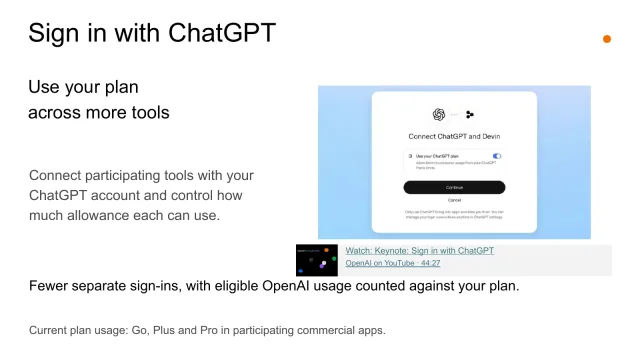 Sign in with ChatGPT slide showing account connection and eligible plan usage in participating tools