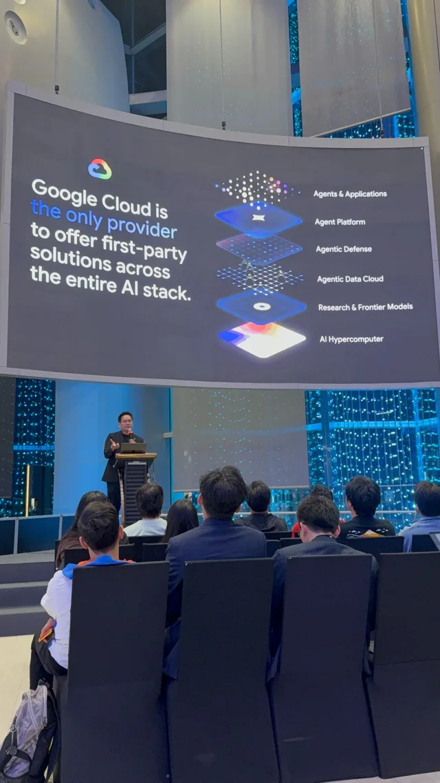 A Google Cloud presentation showing layers for infrastructure, models, data, defence, agent platforms, and applications
