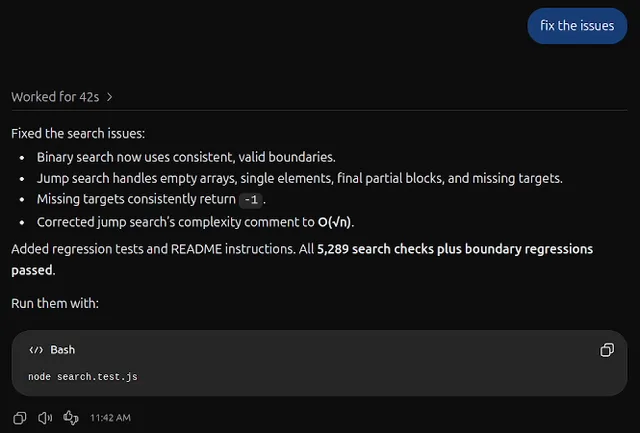 Codex's search-fix summary showing its reported checks and the node search.test.js command
