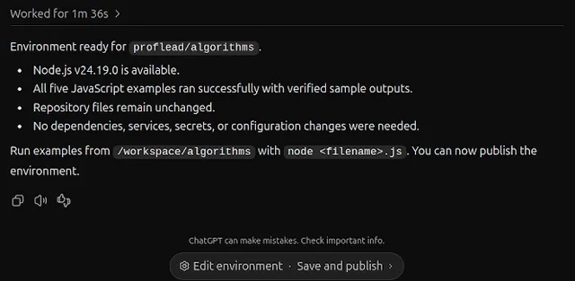 Codex Cloud setup report for proflead/algorithms with five successful JavaScript examples and the Save and publish button