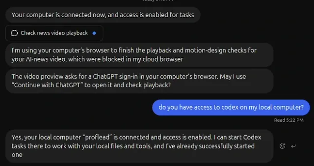 ChatGPT Dot conversation confirming that the local computer proflead is connected and can run Codex tasks