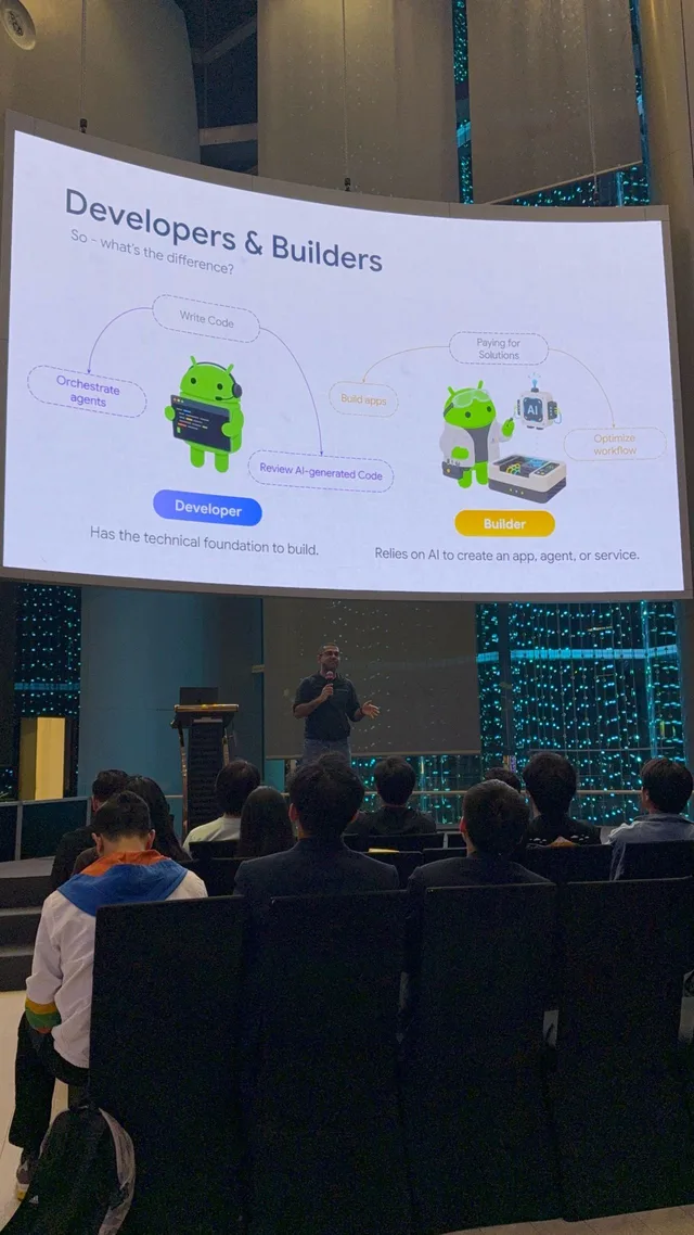 A presentation slide comparing developers and builders, including writing code, orchestrating agents, reviewing AI-generated code, and optimising workflows