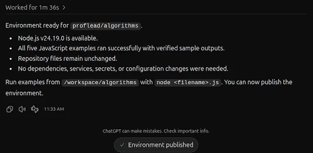 Codex Cloud setup report with the Environment published confirmation