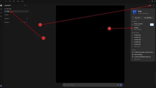 ChatGPT desktop app with numbered arrows pointing to Profy in the sidebar, the profile button, and the local computer named proflead