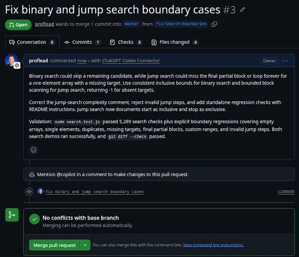 GitHub pull request Fix binary and jump search boundary cases, showing Open status and four changed files